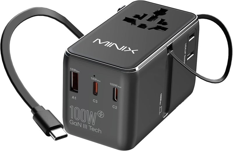 Minix 100W Universal Travel Adapter with Retractable USB C Cable,GaN III International Power Adapter, Type-C*3 USB-A*1 Ports, AC Outlet, Worldwide Travel Charger for Laptops Tablets Phones Cameras - Image 1